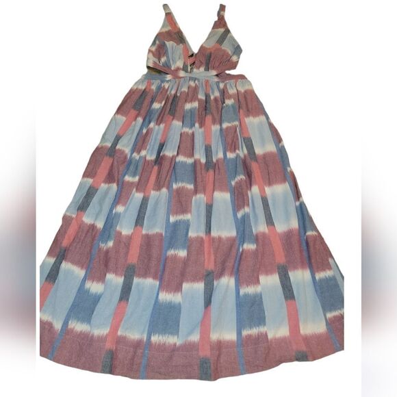 Anthropologie Deep-V Midi Cut Out Strappy Dress Blue Red Watercolor S - Picture 6 of 14